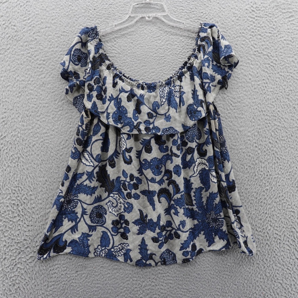 Michael Kors‎ Blouse Size 2X Blue Floral Womens Ruffle Off Shoulder Peasant Top